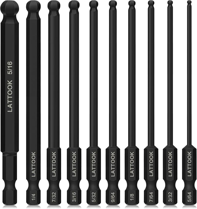 SAE Ball End Hex Head Allen Wrench Drill Bit Set | LATTOOK 10PCS Ball End Hex Bit Set Allen Hex Key, 4'' Long, Magnetic S2 Steel