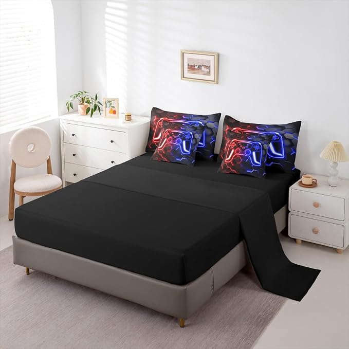 Erosebridal Gaming Full Size Bed Sheets and Comforter Set, Neon Honeycomb Gamer 7 Piece Bedding Set Retro Game Console Bed in a Bag, Red Blue Hexagon Lights Room Decor,Gaming Decor for Boys Bedroom