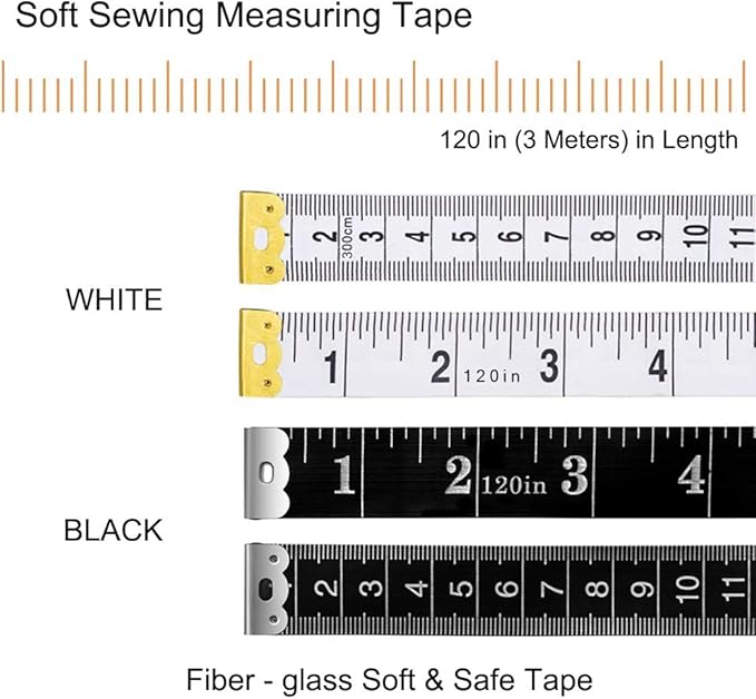 Tape Measure Body Measuring Tape, 120 Inch Soft Fabric Measuring Tape for Sewing Cloth Measurement, Double Scale Tailor Ruler for Weight Loss Medical Measurement Nursing Craft(White/Black)