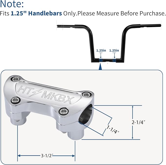 Chrome 1.25 inch Handlebar Riser Top Clamp Kit, 7075 Aluminum Bar Riser for 1.25” Handlebars, Fits Harley Touring Sportster Softail Dyna Models
