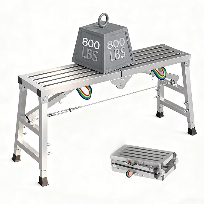 Work Platform Scaffold, 47"x 11" Portable Folding Scaffolding Platform, Equipment Adjustable Height 23.6"-35.4",Steel Step Ladder 800 lbs Load Capacity for Car Washing, Repairing, Painting, Cleaning