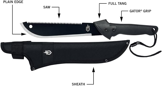 Gerber Gear Gator Machete 18.75" / 11.25" with Saw and Plain Edge Blade for Camping, Hunting, Gardening and Bushcraft, Includes a Gator Grip and Protective Sheath, Stainless Steel Blade