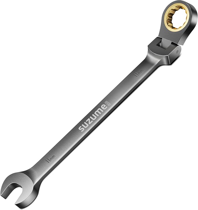 SUZUME 11mm Flex Head Ratcheting Wrench Metric 72 Teeth Cr-V Steel 15K+ Cycle Locked Gears with 180° Flexible Head Black Nickel Coating