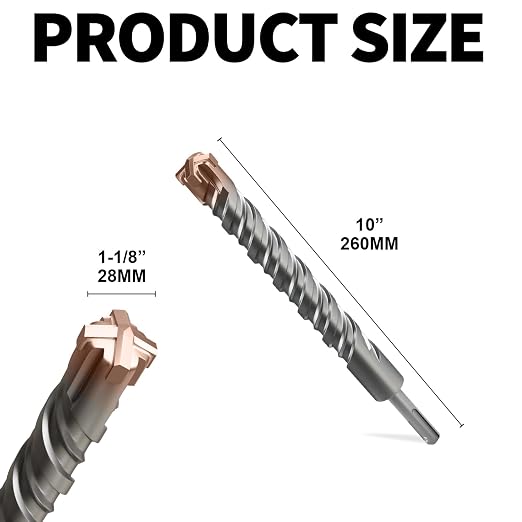 SDS Plus Rotary Hammer Drill Bit, 1-1/8"×10"（28mm×260mm） - 4 Carbide Cutting Edges & Coated Head | Heavy-Duty for Masonry, Concrete, Natural Stone, Brick Walls