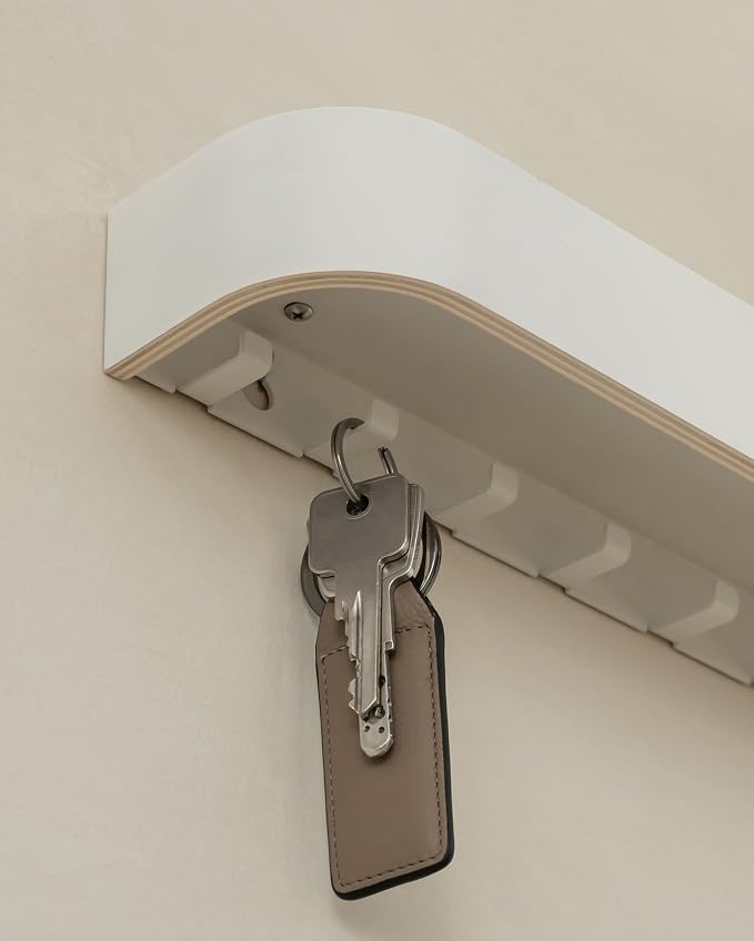 Kazai. Key Holder 'Toke' | Minimalist Key Hook Design from Berlin | Modern Key Holder Wall Mount with Wooden Shelf | Key Rack for Wall as Entryway Organizer | White