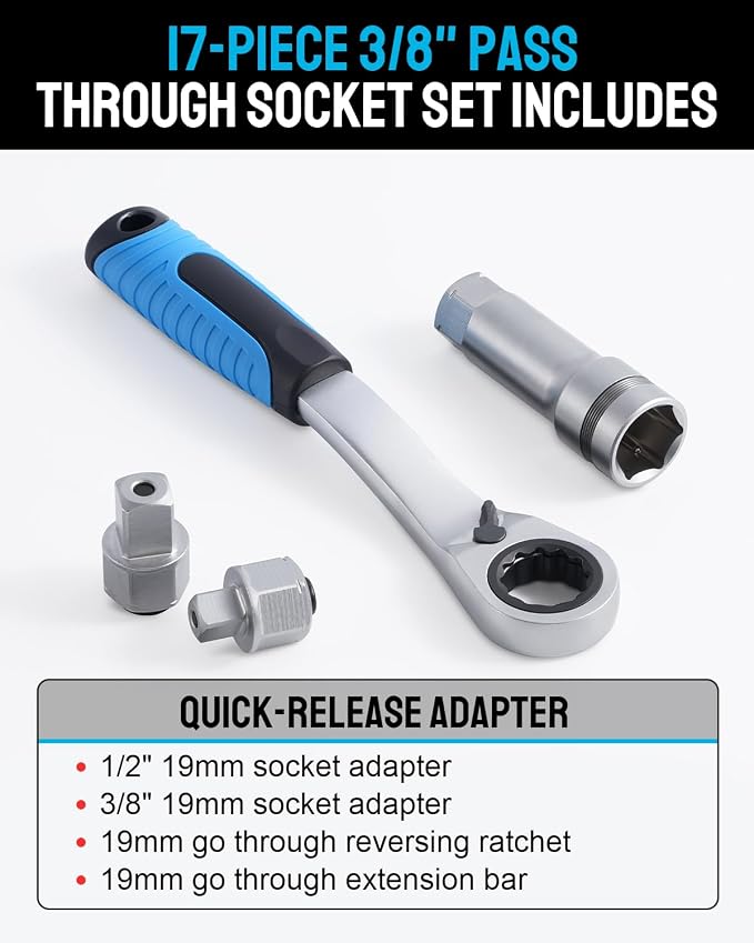 17-Piece Metric Pass Through Socket Set, 10-24 mm, 3/8" & 1/2" | Hollow sockets clear long threaded rods; the 12-point spline profile grips hex, square, star and partly rounded fasteners
