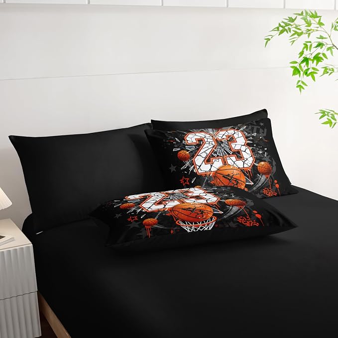 Basketball Print Comforter Set for Kids Boys,Ball Sports Games Themed All Season Bedding Queen Size,Orange Basketball and Hoop Home Decor with Comforter,Fitted Sheet,Flat Sheet,Pillowcases.