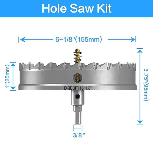 DKIBBITH TCT Hole Saw Set, 6-1/8"(156mm) Heavy Duty Tungsten Carbide Tipped Hole Cutters for Stainless Steel, Copper, Iron, Brass, Plastic with Titanium-Plated Pilot Drill Bits
