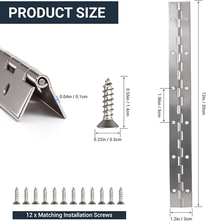 Piano Hinge, 12 Inch Stainless Steel Hinges with Holes and Stainless Steel Screws, Piano Heavy Duty Hinges, Suitable for Cabinets, DIY Storage Boxes, and Marine Scenarios