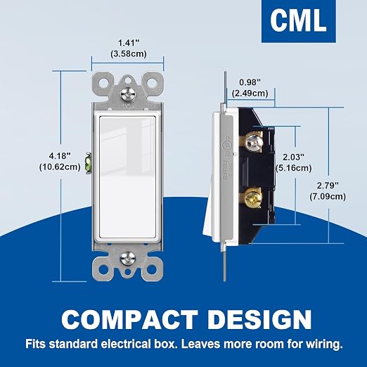 CML Single Pole Decorator Light Switch, 20 Pack Rocker Paddle Wall Switch, 15A 120/277V, On/Off Interrupter, UL Listed, White