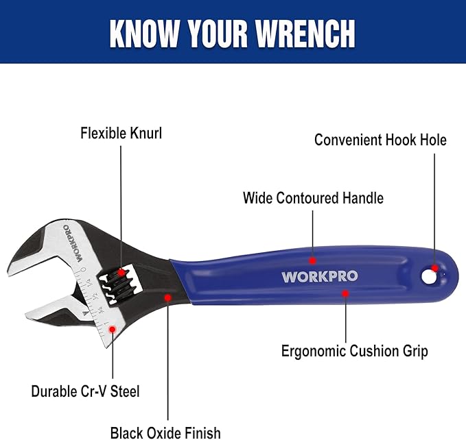 WORKPRO 8-Inch Adjustable Wrench, Cr-V Steel Wide Jaw Black Oxide Wrench, Metric & SAE Scales, for Home, Garage, Workshop and DIY