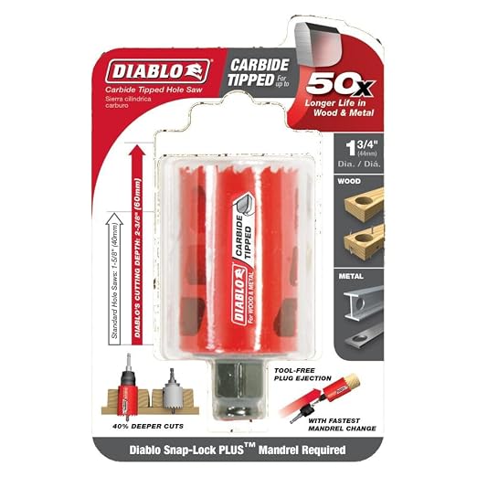 Diablo Carbide Teeth Hole Saw for Wood and Metal - Fits with Snap-Lock Plus Mandrel System, Tool-Free Plug Ejection - 1-3/4" Diameter, 2-3/8" Length - DHS1750CT