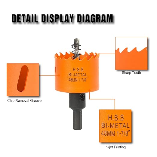 1-7/8 Inch Hole Saw with Arbor for Wood Metal Plastic, 1.875 in Bimetal Hole Cutter, Fast Chip Removal, Smooth Flat Drilling Edge