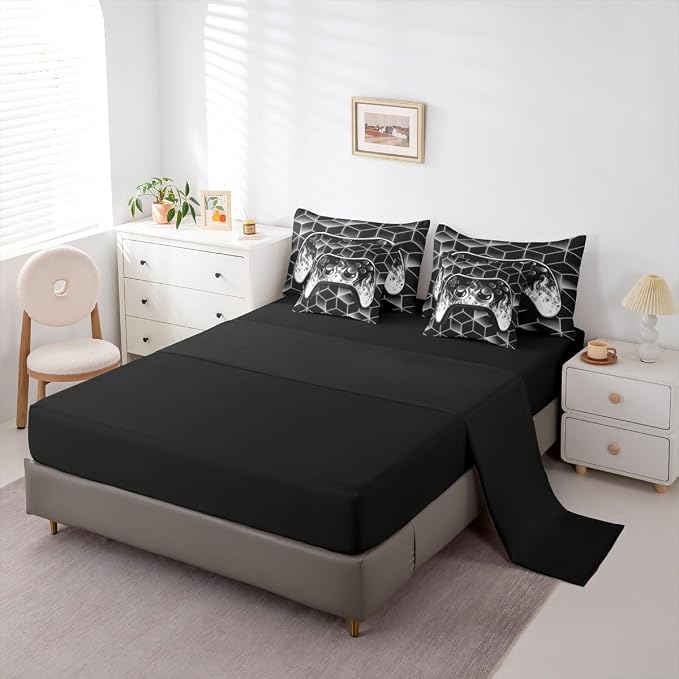 Gaming Consoles Bed in a Bag Queen Comforter Set 7 Piece,Neon Geometric Video Game Bedding Set,3D Geometric Gamer Sheet Set Grey Flame Bed Set,Gamer Decor for Boys Bedroom Decor Gamer Gifts