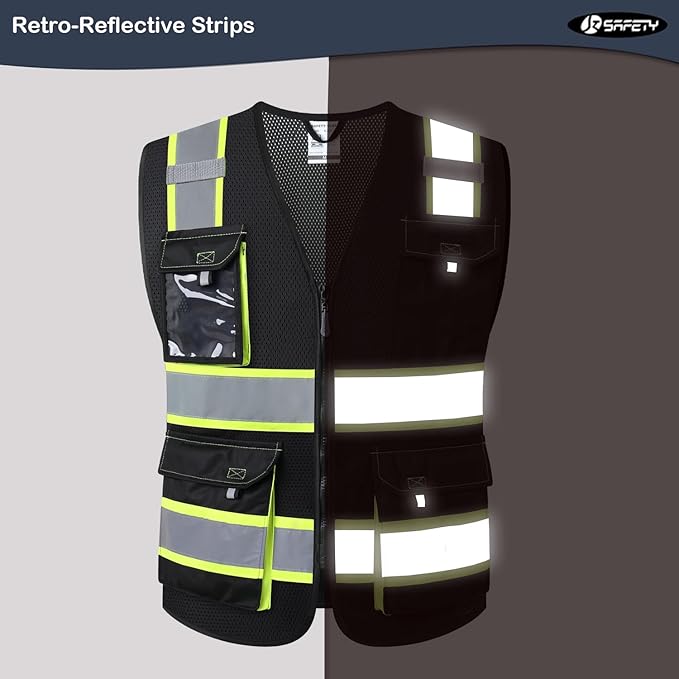 JKSafety Hi Vis Reflective Safety Vests for Men Women High Visibility Vest with Pockets Mesh Fabric Construction Safety Apparel Neon Vest for Work (220-Black S)