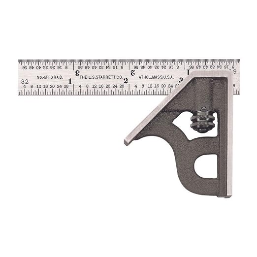 Starrett Steel Combination Square with Square Head - 4" Blade Length, Cast Iron Heads, Hardened Steel, Reversible Lock Bolt, 4R Graduation Type - 11H-4-4R