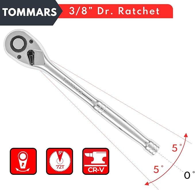 TOMMARS 3/8" Drive Ratchet Socket Wrench, 72-Tooth Quick-Release Socket Ratchet Wrench Reversible, Gifts for Men Mechanic Hand Tools