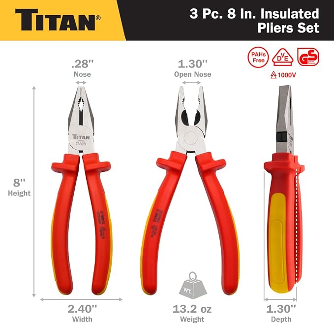 Titan 73349 3-Piece VDE Insulated Pliers Set, Includes 8-Inch Combination, Long Nose, and Diagonal Plier