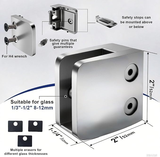 4-Pack Glass Clamps, 304 SS, Polished, 1/3-1/2 Inch (LIUCHONGYANG99)