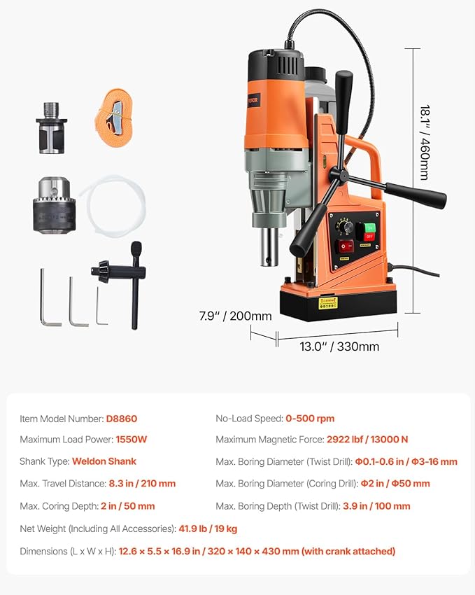 VEVOR Mag Drill Press, 1550W 2" Boring Diameter, 2922lbf Power Magnetic Drill, 500 PRM, 10-Speed, Electric Drilling Machine for Metal Surface, Industrial and Home Improvement