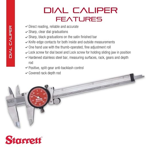 Starrett Starrett 120 Series Stainless Steel Dial Caliper with Lock Screw and Fitted Plastic Case - Red Face, 0-6" Range, .001" Graduation, .001" Accuracy - R120A-6