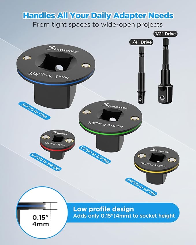 Low Profile Impact Socket Adapter Set, Tight Fit Adapter Set for Tight Spaces, Cr-Mo Magnetic Drive Ratchet Adapter 1/4" to 3/8", 3/8" to 1/2", 1/2" to 3/4", 3/4" to 1"