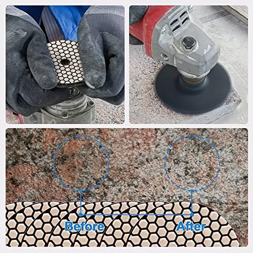 Dry Diamond Polishing Pads - 8pcs 5 inch (#50x3,#100x2,#200x1,#400x1,#800x1) Sanding Pads Kit for Granite Marble Ceramic Used on Angle Grinder or Polisher, with Aluminum Backing Pads+ Adapter 5/8”-11
