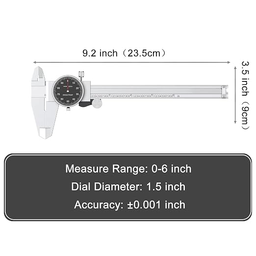 HDLNKAK Dial Caliper Shockproof Dial Caliper Precision Caliper with Black Watch 0-6" Range, 0.001” Resolution 6 Inch with 0.001" Precision Calipers 4-Way Measurement with Plastic Case.