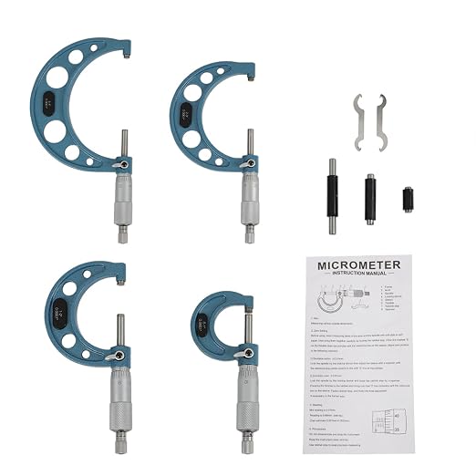 0-4In Outside Micrometer & Accessories, Professional 0.0001 Precision Machinist Tool W/Carbide Tips for Industrial Measuring Tools (4-Pack)