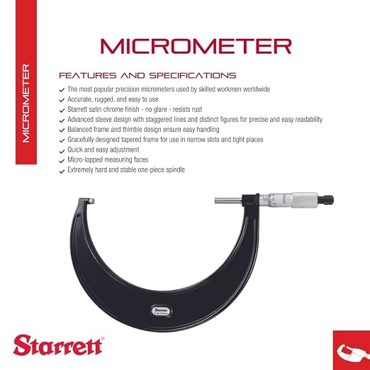 Starrett Outside Micrometer with One-Piece Spindle, Satin Chrome Finish and Advanced Sleeve Design - Quick and Easy Adjustment, 125-150mm Range, .001mm Graduation - V436.1MXRL-150