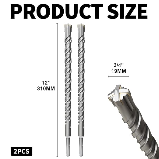 2PCS SDS Plus Rotary Hammer Drill Bits, 2pcs (3/4"*12"-19mm*310mm) - 4 Carbide Cutting Edges, Ideal for Masonry| Heavy-Duty Masonry |Hammer Drill Bits for Precision Drilling
