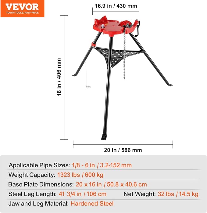 Mophorn 460-6 Tripod Pipe Chain Vise 1/8"-6" Capacity,Pipe Stand Portable Foldable Steel Legs,Pipe Jack Stands w/ Tool Tray, Tripod Stand Chain Vise Ideal for a Variety of Pipe Materials