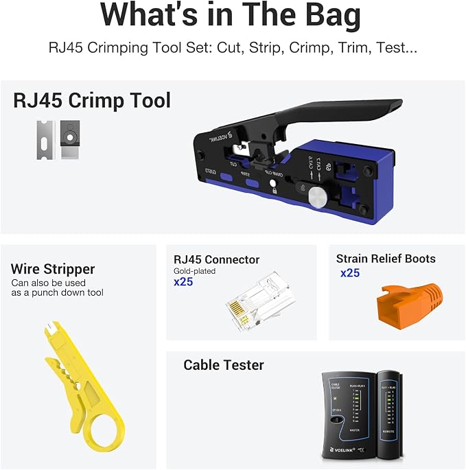 VCELINK RJ45 Crimp Tool Kit for CAT7/6A/6/5E/5, Upgraded Network Tool Set with an Ethernet Crimper, 25 RJ45 Connectors & Boots, Cable Tester, and Wire Stripper, Blue (no Cloth Bag Include)