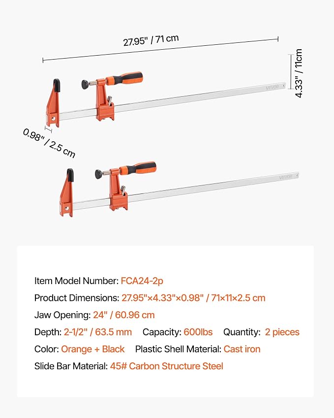 VEVOR Bar Clamps for Woodworking, 2-Pack 24 inch Opening, Lockable F-Clamp with 600 lbs Load Limit, 2-1/2 inch Depth, Cast Iron and Carbon Steel, Easy to Use, Wood Clamps for Woodworking Metal Working