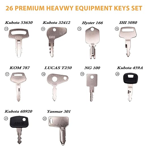 26-Piece Heavy Equipment Key Set: Universal Master Keys Compatible with CAT, John Deere, Komatsu, Kubota, Case, Yanmar. Durable Ignition Keys for Construction.