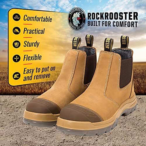 ROCKROOSTER Mens Work Boots, 6 inch Steel Toe, Pull On Safety Leather Chelsea Work Shoes Static Dissipative(AK227, AK222)