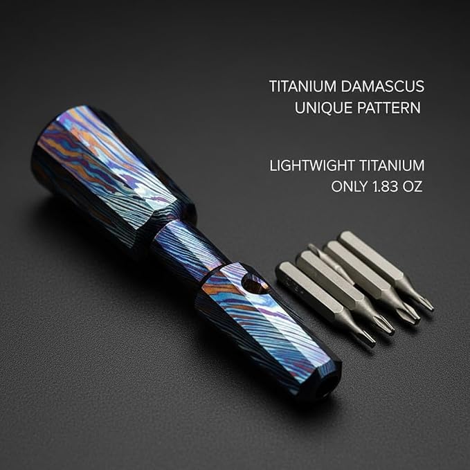 Mini Titanium EDC Pocket Screwdriver with 7 Bit Storage, 81mm / 3.19in Magnetic Precision Hex Driver Tool, Portable Polygon Everyday Carry Tool (Titanium Damascus)
