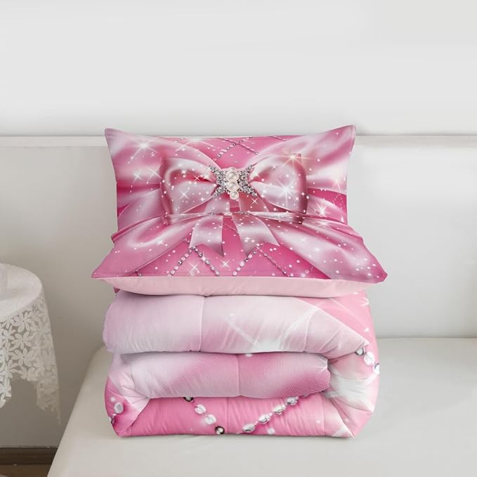Feelyou Pink Bowknot Comforter Set All Season Ribbon Glitter Bow Bedding Set with 2 Pillow Cases Dreamy Princess Microfiber Kids Queen Bedclothes Bedroom Decor Duvet Quilt Breathable Soft Lightweight