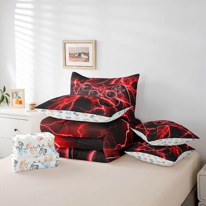 Erosebridal Gaming Comforter Set 7 Piece Bed in a Bag Twin, Gamer Bedding Sets Retro Game Console Comforter and Sheet Set, Red Lightning Room Decor,Kids Bedroom Decor