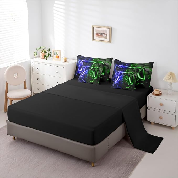 Erosebridal Gamer 7 Piece Comforter Set Full Bed in a Bag, Neon Honeycomb Gaming Bedding Sets Video Game Console Comforter and Sheet Set, Blue Green Hexagon Lights Room Decor,Kids Room Decor