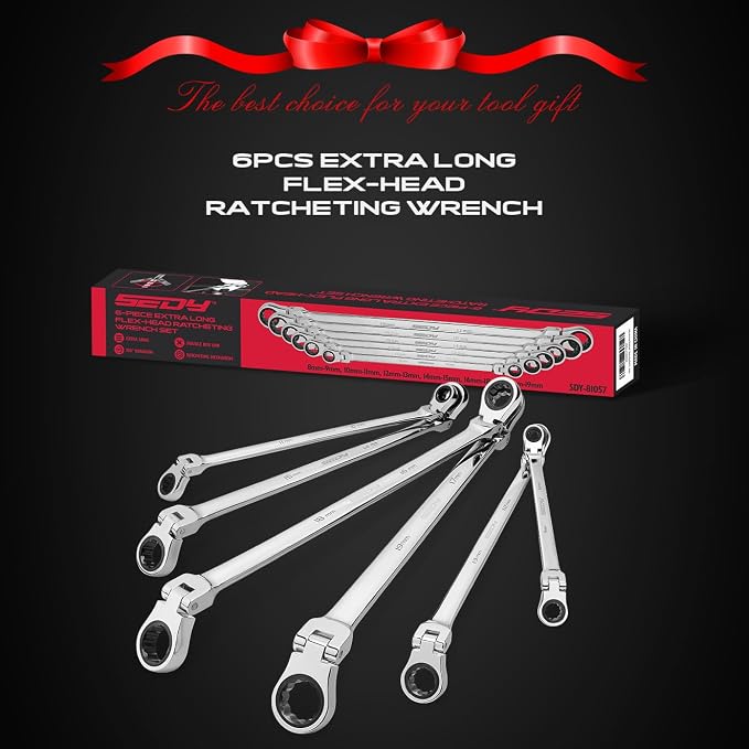 Extra Long Flex-Head Ratcheting Wrench Set, Anti-Slip 6-Piece Double Box End Wrench Set, 72-Teeth, Metric 8-19mm, CR-V Steel Wrench with Rolling Pouch