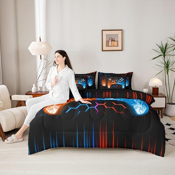 Erosebridal Boys Gaming Comforter Set 7 Piece Bed in a Bag Twin Ombre Art Honeycomb Bedding Set Orange Blue Neon Lights Sheet Set Game Console Bed Set Geometric Hexagon Beehive Gaming Room Decor