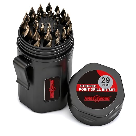 ANGELSWORD M35 Cobalt Stepped Point Tip Drill Bit,29 PCS(1/16"-1/2"), Titanium Coated Drill bit, for Steel, Cast Iron, Aluminum, Brass, Acrylics