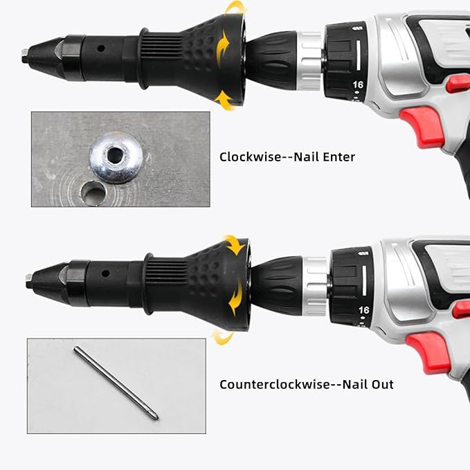 Cordless Electric Rivet Gun Adapter Kit, 1/4 Inch Hex Shank Blind Rivet Nut Drill Adapter Converter Convert Drill to RivetInsert Nut Tool Kit（Black）