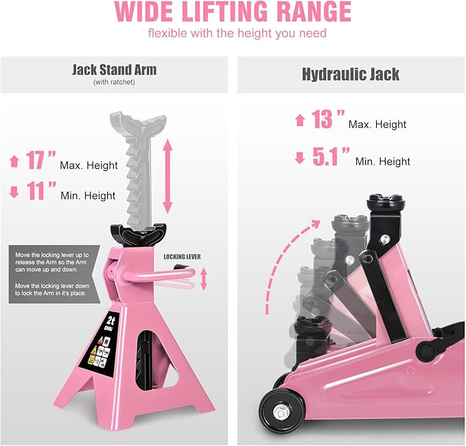 DNA Motoring 2 Ton Car Jack and Stands Kit 2T(4000 lbs) Capacity Low Profile Hydraulic Trolley Service/Floor Jack with 2 Ratchet Stands Combo for Home Garage Shop, Pink, TOOLS-00476-PK