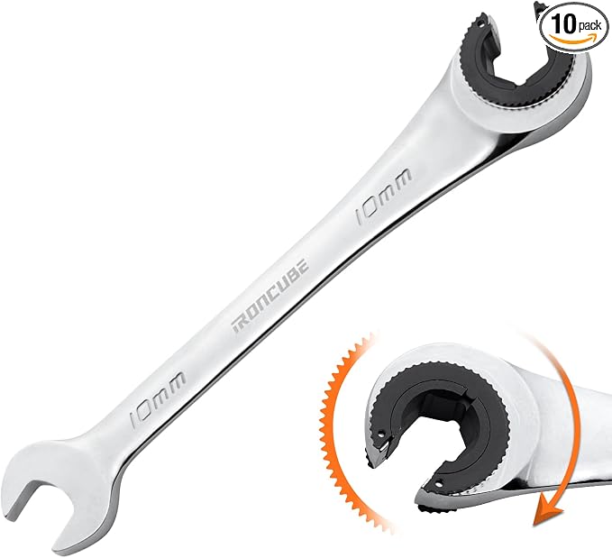 ironcube 10mm Brake Line Wrench Set: Metric Ratcheting Open-end for Nuts on Fuel, Brake or Air Conditioning Lines