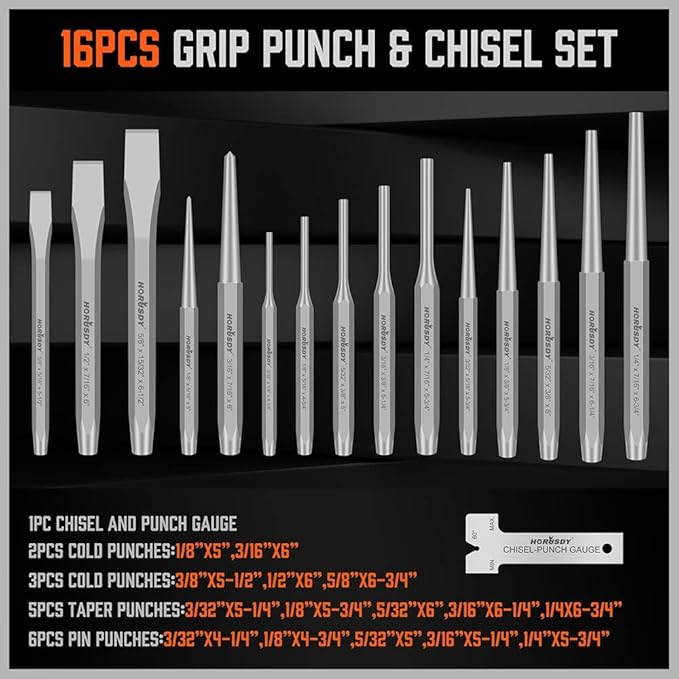 HORUSDY 28-Piece Heavy Duty Punch and Chisel Set, Including Taper, Cold Chisels, Pin, Center Punch