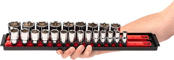 TEKTON 1/2 Inch Drive 6-Point Socket Set, 23-Piece | SHD92002 | (10 - 32 mm), Shallow, Socket Rail