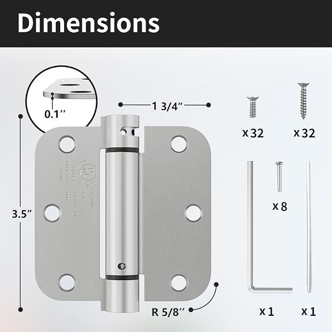 4 Pack Self Closing Door Hinges 3.5 Inch, Spring Door Hinge with 5/8'' Radius Corners, Adjustable Tension for Garage, Front, Back Door, UL Listed, Left and Right Hand, Brushed Nickel