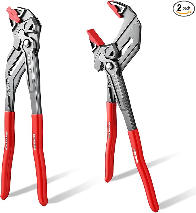 GEINXURN 7-Inch Pliers Wrench, 2PCS Smooth V-Jaw Pliers with 15-Position Push-Lock, Fast Adjustable Slip Joint Pliers Set for Plumbing, Home Repair, and Pipe Fittings